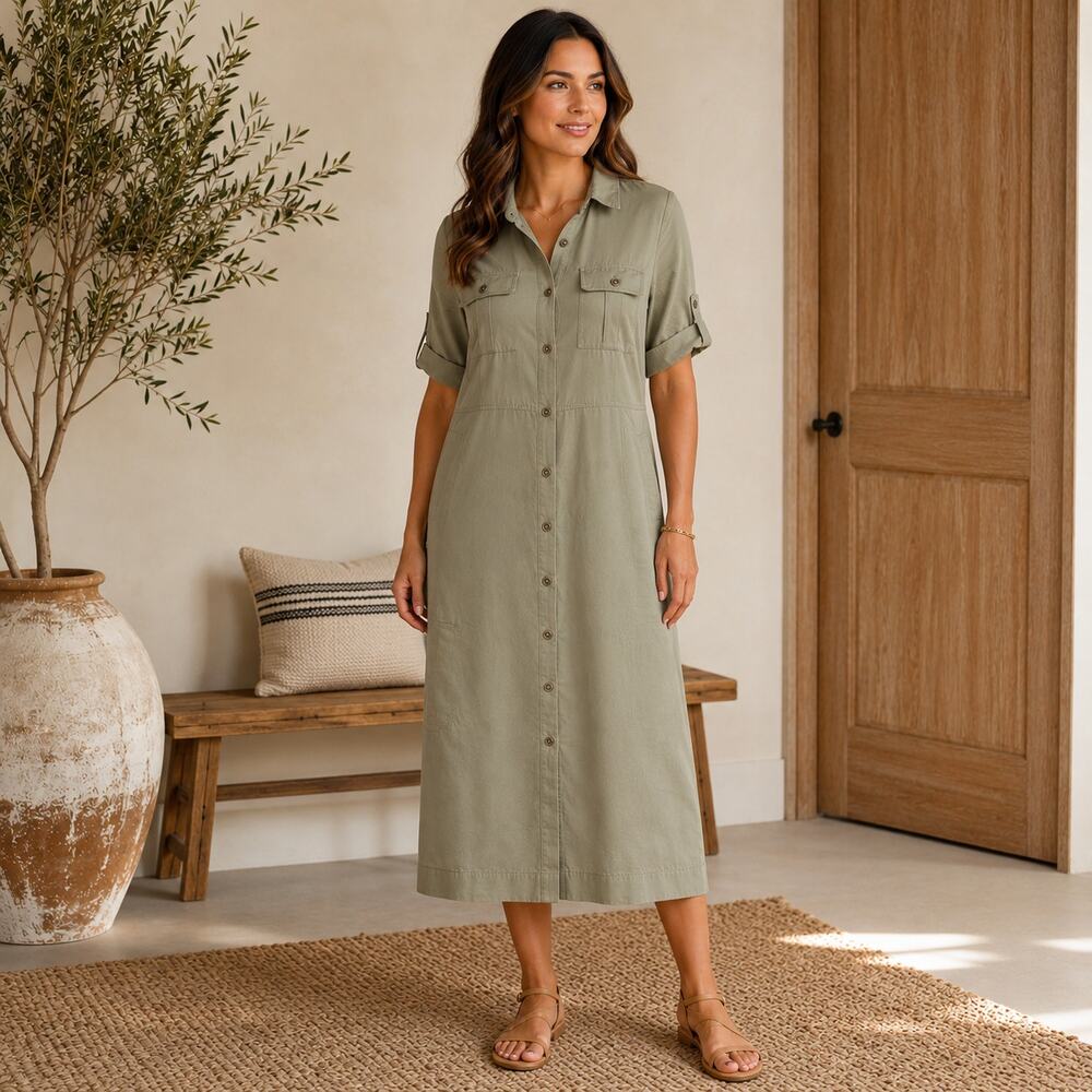 Sami & Dani green button up shirt dress high low Large travel lightweight